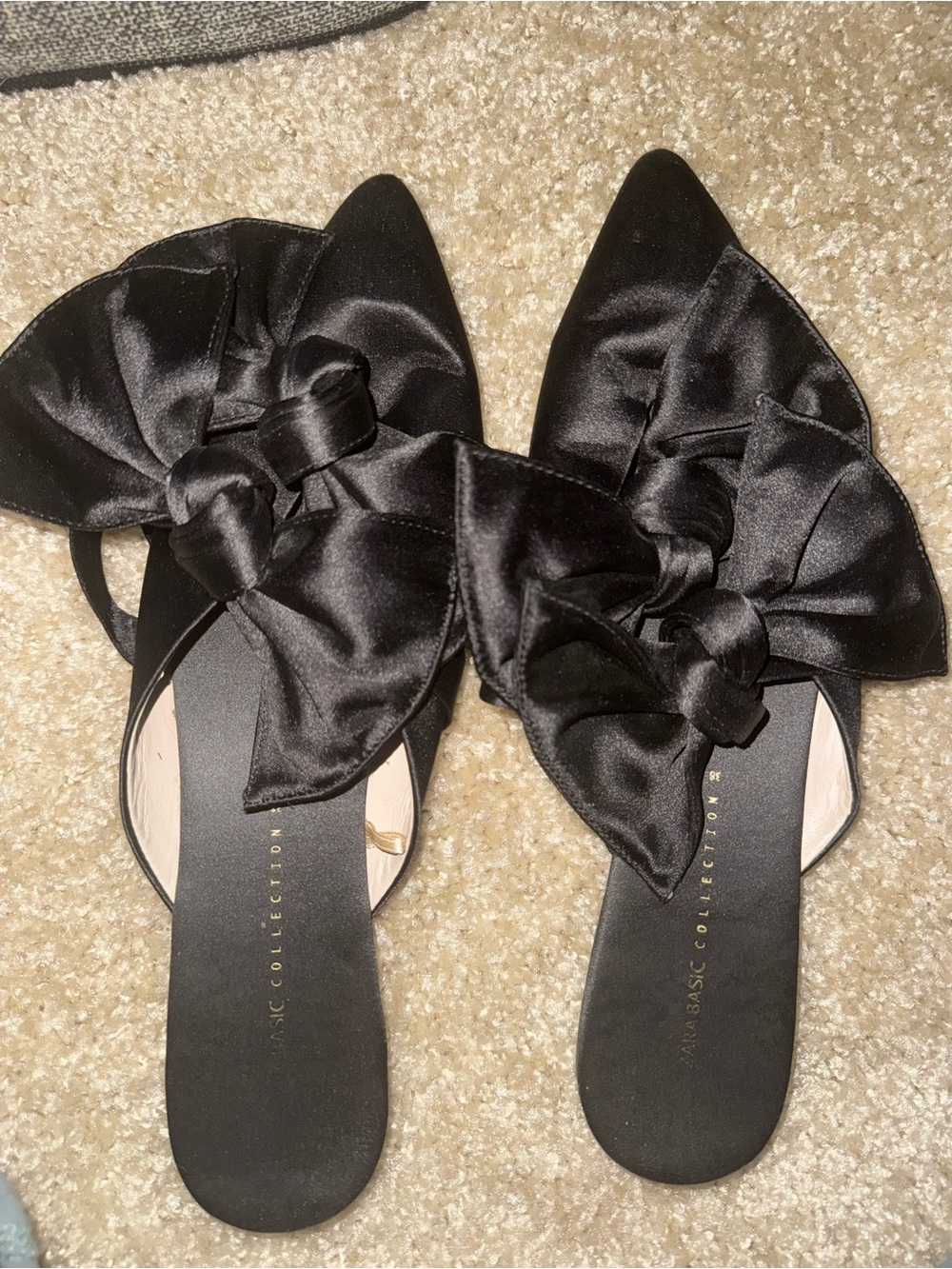 Bow-Accent Black Satin Pointed-Toe Flats -